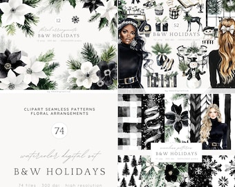 Watercolor Black and White Holidays ClipArt, Cozy Winter Clip Art Bundle, Holidays PNG, Winter  PNG, Cottagecore clipart, Digital Download