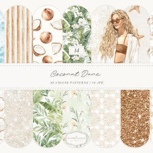 May include: A collection of watercolor seamless patterns with a beach theme. Designs include ocean waves, coconuts, tropical leaves, a woman in sunglasses, and a coastal landscape. The text "Coconut Dune" and "Seamless Patterns / 14 JPG" are also visible.