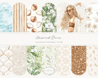 Watercolor Tropical Seamless Patterns, Coconut Dune Patterns, Neutral Beach Patterns, Palm Leaves, Coastal Summer Digital Paper Pack