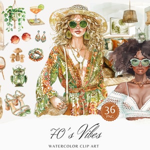 Pacote de clipart de vibrações de aquarela dos anos 70, clipart retrô, arte hippie de flores retrô, PNG individual, download digital, uso comercial