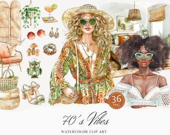Aquarel 70's Vibes clipartbundel, retro-illustraties, retro bloemen hippiekunst, individuele png, digitale download, commercieel gebruik