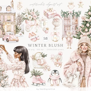 Clipart de Blush de Inverno em Aquarela, Pacote de Clip Art de Inverno Aconchegante, Feriados PNG, Férias de Inverno PNG, Clipart Cottagecore, Download Digital