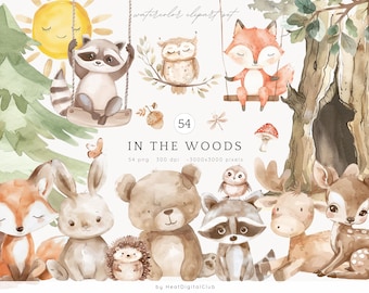 Watercolor In the Woods Clipart, Cute Woodland Animals Clipart, Baby Animals, Baby Shower Clipart, Woodland Nursery, Boho Forest Animals