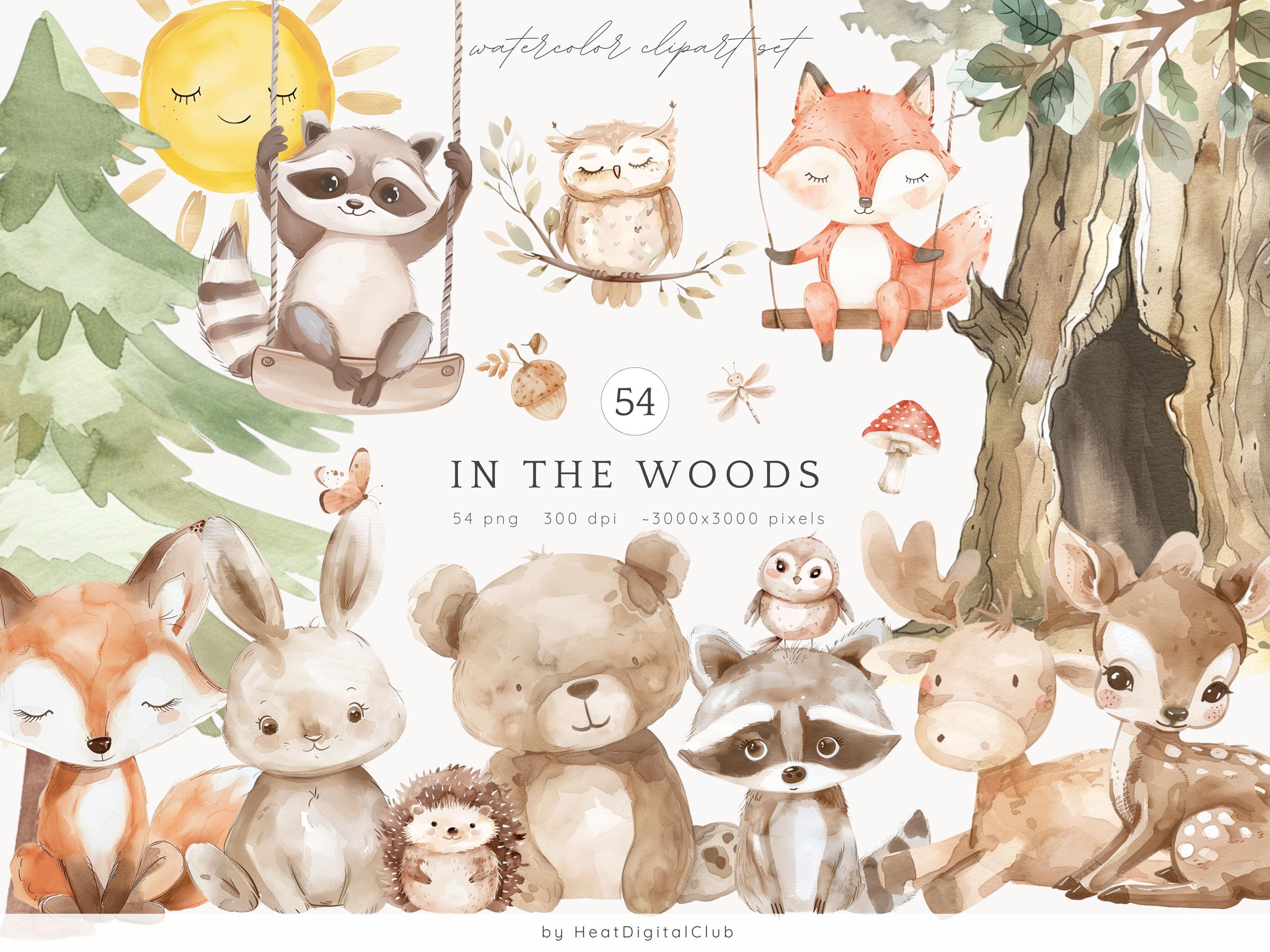Aquarel in het bos clipart, schattige bosdieren clipart, babydieren, baby shower clipart, bosrijke kinderkamer, boho bosdieren