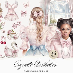 Clipart estetica di Coquette rosa acquerello, pacchetto di clipart di ragazza vintage romantica, fiocco di nastro, PNG di ciliegia, adesivi digitali, uso commerciale