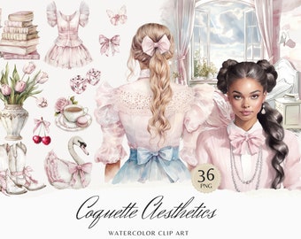 Puede incluir: Un conjunto de 36 ilustraciones de acuarela con una combinación de colores rosa y azul. Las ilustraciones incluyen un cisne, un ramo de tulipanes rosas, una taza de té y un platillo, un par de botas de vaquero, un vestido, un lazo y dos mujeres con diferentes peinados. El texto "Coquette Aesthetics Watercolor Clip Art" está en la parte inferior de la imagen.