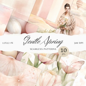 Aquarell sanfte Frühling nahtlose Muster, Blumenmuster JPEG, Neutral Beige digitaler Download, Tulpe Rapportmuster, Scrapbook Papier