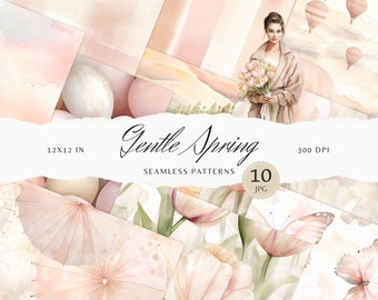 Watercolor Gentle Spring Seamless Patterns, Floral Pattern JPEG, Neutral Beige Digital Download, Tulip Repeating pattern, Scrapbook Paper