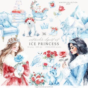 Watercolor Ice Princess Clipart, Frozen Princess Blue Ice Png, Unicorn Clip Art, Princess Ice Coquette Png, Magical Castle, Coquette Bow Png