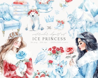 Watercolor Ice Princess Clipart, Frozen Princess Blue Ice Png, Unicorn Clip Art, Princess Ice Coquette Png, Magical Castle, Coquette Bow Png