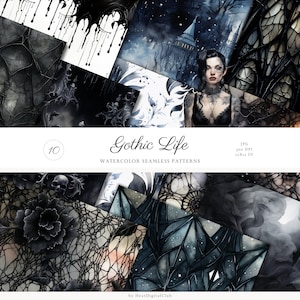 May include: A set of 10 digital watercolor seamless patterns in black and white with gothic themes. The patterns include images of skulls, flowers, spiderwebs, and stained glass. The text "Gothic Life" and "Watercolor Seamless Patterns" is included in the image.