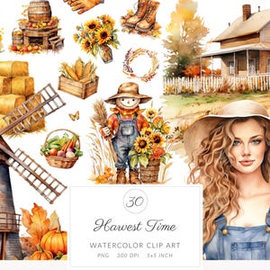 Clipart de outono em aquarela, pacote de PNG de fazenda romântica de outono para uso comercial, casa de fazenda, clipart de abóbora, adesivos para fazer cartões
