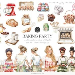 Clipart de festa de cozimento em aquarela, clipart de menina padeiro, materiais de cozimento, padaria em casa, clipart culinário, utensílios de cozinha, clipart de padaria png