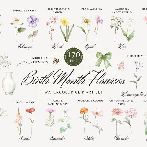 Birth Month Flower Clipart, Birth Flower PNG Set, Watercolor Birth Month Flower Bouquets, Birth Flowers, Floral Clipart, Mother's Day Gift