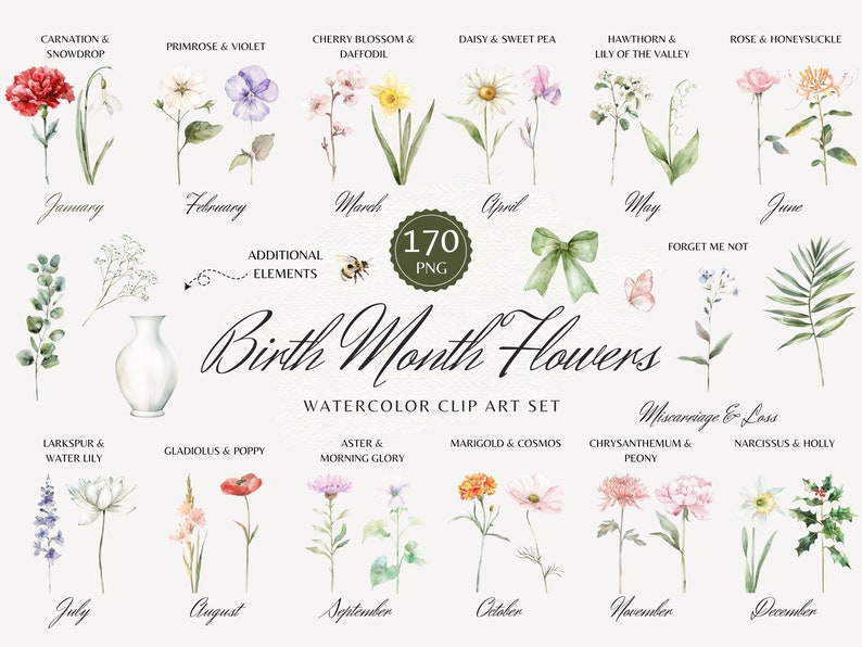May include: Watercolor illustrations of flowers representing birth months, with the name of the month and flower type listed below each illustration. The flowers are arranged in a grid with 12 rows, one for each month. The image also includes additional elements such as a bee, a bow, and a butterfly.