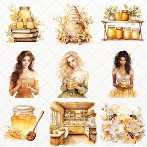 May include: A digital illustration set featuring honey jars, honeycombs, bees, and women holding honey jars. The set also includes a watercolor illustration of a kitchen interior with wooden cabinets and a yellow countertop.