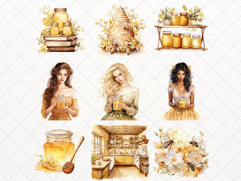 May include: A digital illustration set featuring honey jars, honeycombs, bees, and women holding honey jars. The set also includes a watercolor illustration of a kitchen interior with wooden cabinets and a yellow countertop.