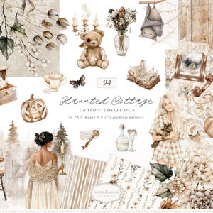 Watercolor Neutral Halloween Clipart Seamless Patterns Bundle, Haunted Cottage PNG Graphic Collection  (Digital Download)