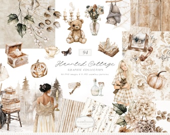 Watercolor Neutral Halloween Clipart Seamless Patterns Bundle, Haunted Cottage PNG Graphic Collection  (Digital Download)
