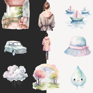 Akvarell regnig vår Clipart, mysig vår Clip Art, blommig grafik, söt vår, blommor, säsongsbetonad, akvarell flicka, digitala klistermärken bild 5