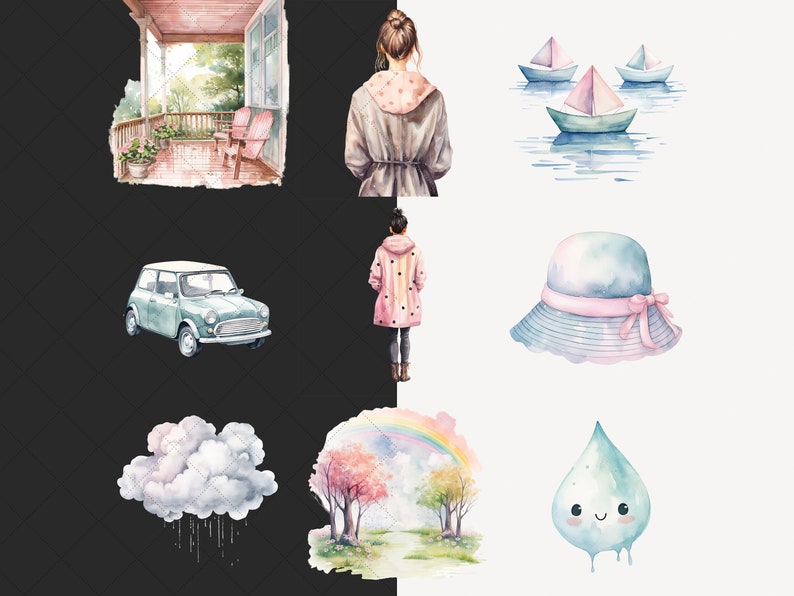 Akvarell regnig vår Clipart, mysig vår Clip Art, blommig grafik, söt vår, blommor, säsongsbetonad, akvarell flicka, digitala klistermärken bild 5