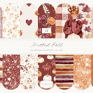 May include: A collection of fall-themed seamless patterns. Designs include stripes, floral arrangements, pumpkins, and a girl wearing glasses. The color palette features shades of burgundy, orange, and cream. The text "Knitted Fall" is displayed.