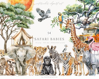 水彩サファリ赤ちゃんクリップアートバンドル、サファリ動物クリップアート、サファリ赤ちゃん動物、かわいいサファリ、ジャングル動物、サファリPNG、保育園アート