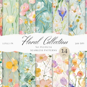 14 motivi floreali ad acquerello senza soluzione di continuità, botanici, fiori Download digitale JPEG Pattern ripetuto Carte digitali, carta per scrapbooking infinita