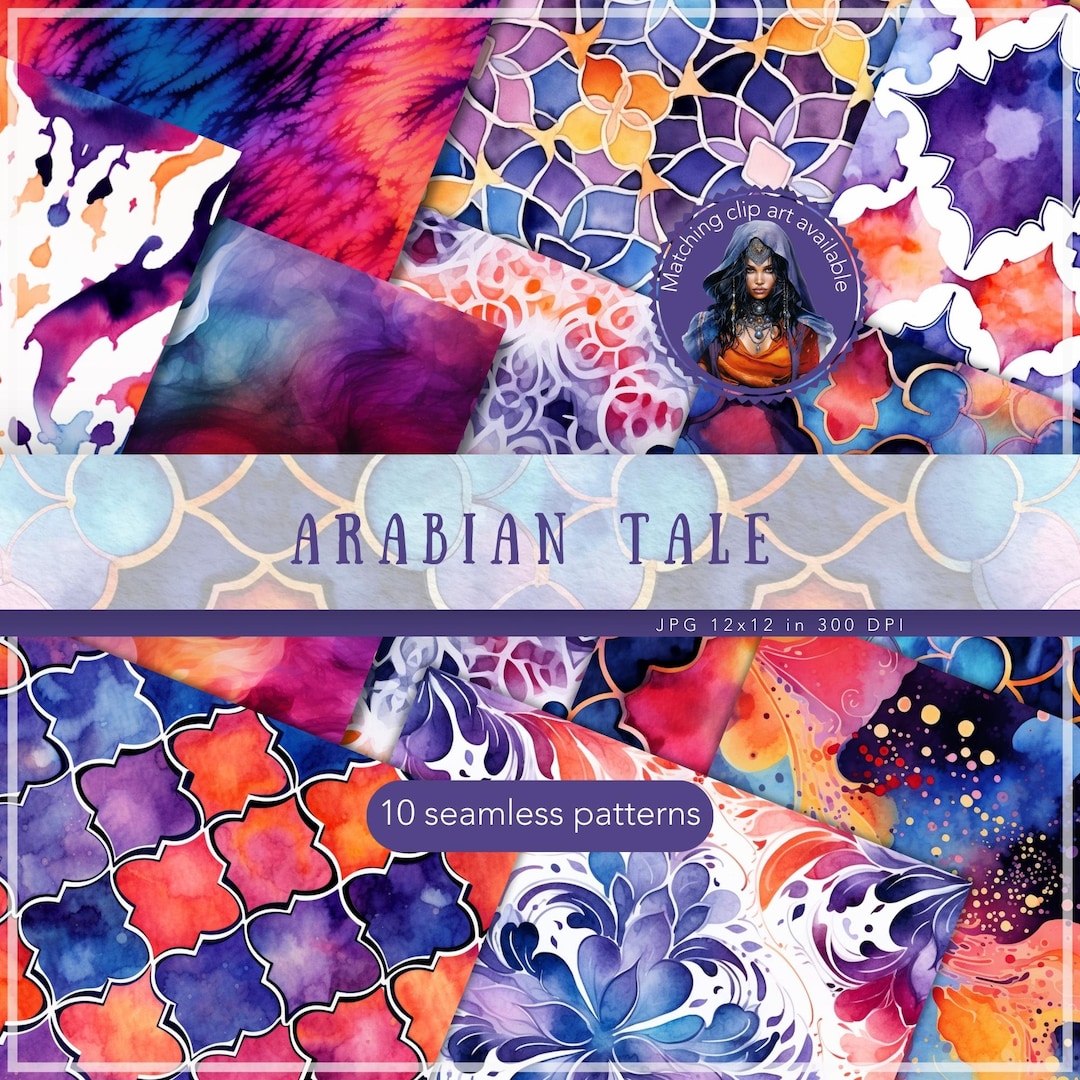 Seamless Watercolor Arabian Tale Patterns, Floral Arabian Night Pattern ...