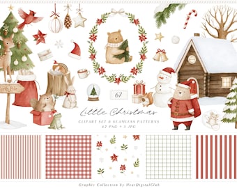 Watercolor Christmas Clipart and Seamless Patterns Bundle, Little Forest Kids Nursery Holiday Graphics (Digital Download)
