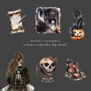 Watercolor Halloween Academia Clipart Bundle, Spooky Gothic PNG, Dark ...