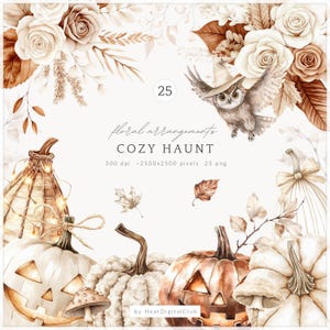 May include: Watercolor illustration featuring a cozy autumn theme. The image includes pumpkins, an owl wearing a witch hat, roses, and fall foliage. Text reads "floral arrangements COZY HAUNT". The color palette is warm with shades of brown, cream, and orange.