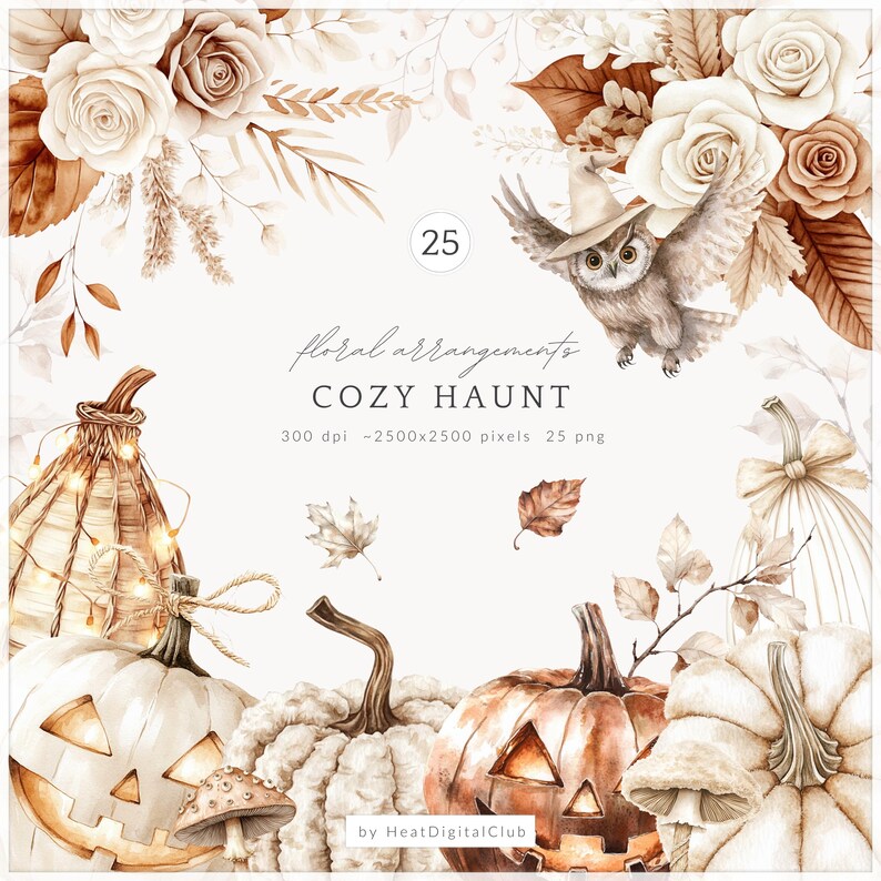 May include: Watercolor illustration featuring a cozy autumn theme. The image includes pumpkins, an owl wearing a witch hat, roses, and fall foliage. Text reads "floral arrangements COZY HAUNT". The color palette is warm with shades of brown, cream, and orange.