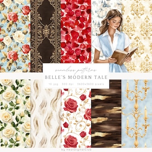 Acquerello Belle's Modern Tale Seamless Patterns, Fantasia Pattern JPEG, Download digitale floreale, Rose, Carta per scrapbooking con motivo ripetuto