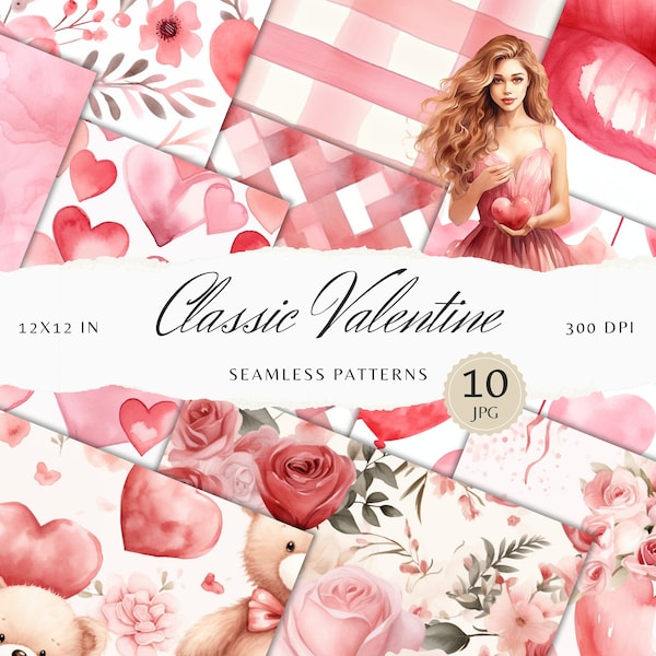 Watercolor Classic Valentine Seamless Patterns, Valentines Day JPG, Romantic Love Digital Download, Repeating pattern, Scrapbook Paper