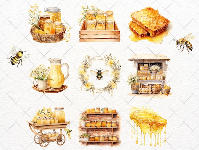 May include: Watercolor illustrations of honey, bees, and honey jars. The illustrations include a honey stand, a honey jar in a basket, a honey jar on a cart, a honey jar in a wreath, a honey jar on a shelf, and a honey jar in a pitcher. The illustrations are perfect for creating honey-themed crafts, cards, and other projects.