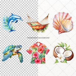 May include: Watercolour illustrations of tropical elements, including a dolphin, hammock, seashell, sea turtle, Hawaiian shirt, and coconuts. The images have a transparent background, ideal for digital art or design projects.