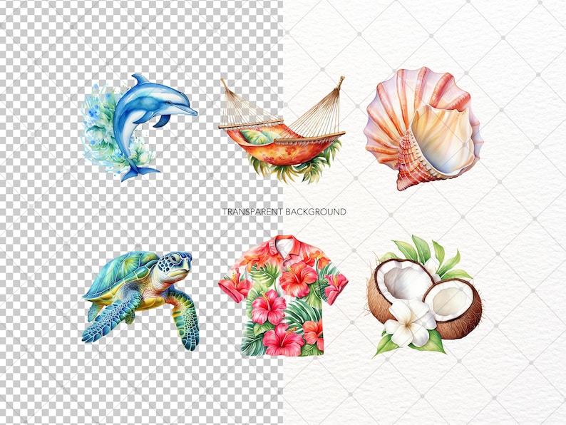 May include: Watercolour illustrations of tropical elements, including a dolphin, hammock, seashell, sea turtle, Hawaiian shirt, and coconuts. The images have a transparent background, ideal for digital art or design projects.