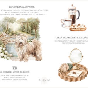 May include: Watercolor illustrations featuring a fluffy dog, coffee, pastries, and a decorative tray with a mirror and yarn. The artwork includes text: "100% Original Artwork" and "Clean Transparent Background".