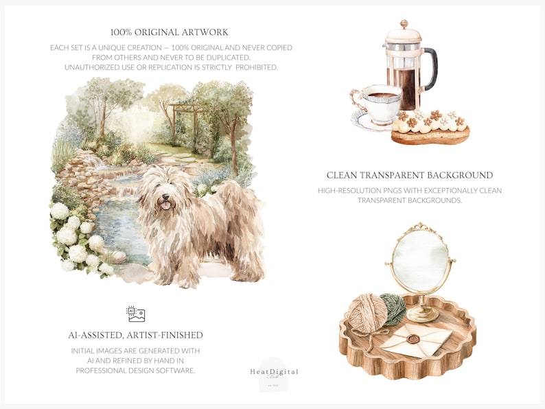 May include: Watercolor illustrations featuring a fluffy dog, coffee, pastries, and a decorative tray with a mirror and yarn. The artwork includes text: "100% Original Artwork" and "Clean Transparent Background".
