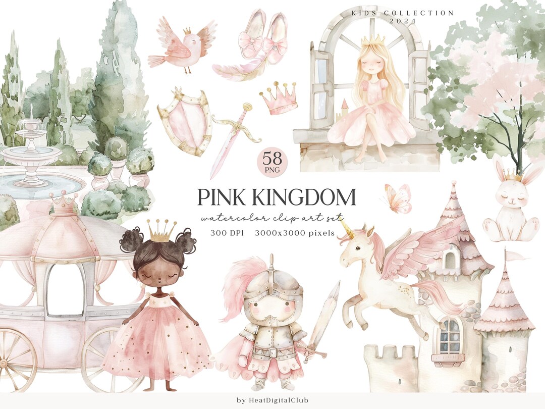 Watercolor Pink Kingdom Clipart, Pink Princesses PNG, Cute Princess ...