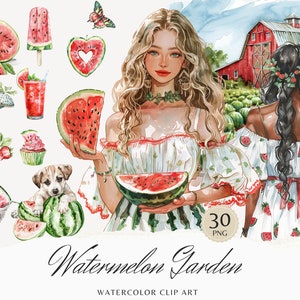 Paquete de imágenes prediseñadas de jardín de sandía de acuarela, clip art de frutas, gráficos de verano, flores de primavera, estacional, chica acuarela, pegatinas digitales