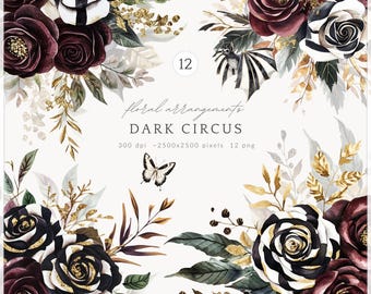 Watercolor Dark Circus Floral Clipart, Gothic Rose PNG (Digital Download)
