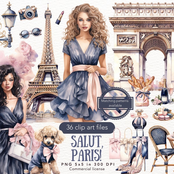 Watercolor Salut Paris Clipart Bundle, Eiffel Tower Clip Art, Croissant, Romantic Paris France PNG, french Instant Download Commercial Use