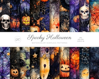 Watercolor Halloween Seamless Patterns - Spooky Fall Halloween JPEG, Digital Download, Repeating Pattern, Digital Papers - Scrapbook Paper