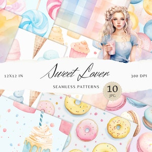 Motivi senza soluzione di continuità per amanti dei dolci ad acquerello, motivo JPEG per dolci, ciambelle, cupcake, caramelle, download digitale, motivo ripetuto, carta per album