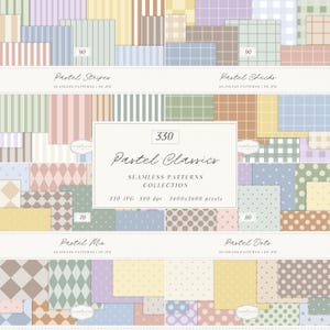 以下が含まれることがあります： 「Pastel Classics」と題された330種類のシームレスパターンのデジタルコレクション。ストライプ、チェック、ドット、幾何学模様など、柔らかなパステルカラーのデザインが多数含まれています。画像には、テキストラベルが付いた複数のパターン見本が表示されています。
