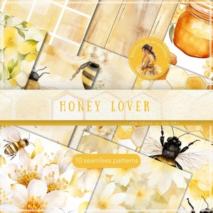 Peut inclure: Un pack de papiers numériques avec 10 motifs sans couture représentant des abeilles, des nids d'abeilles et des fleurs jaunes. Les motifs sont dans un style aquarelle et sont parfaits pour l'artisanat et le scrapbooking.