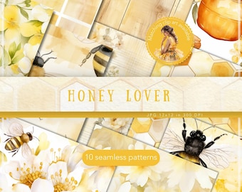 Watercolor Honey Bee Seamless Pattern, Cottagecore Scrapbook Paper (Digital Download)