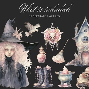 May include: A watercolor illustration set featuring a witch with pink hair, a black hat, and a black dress. The set also includes a house, a broom, a cauldron, a skull, a book, a potion bottle, boots, and a star with a skull and flowers. The illustrations are in a dark, whimsical style.